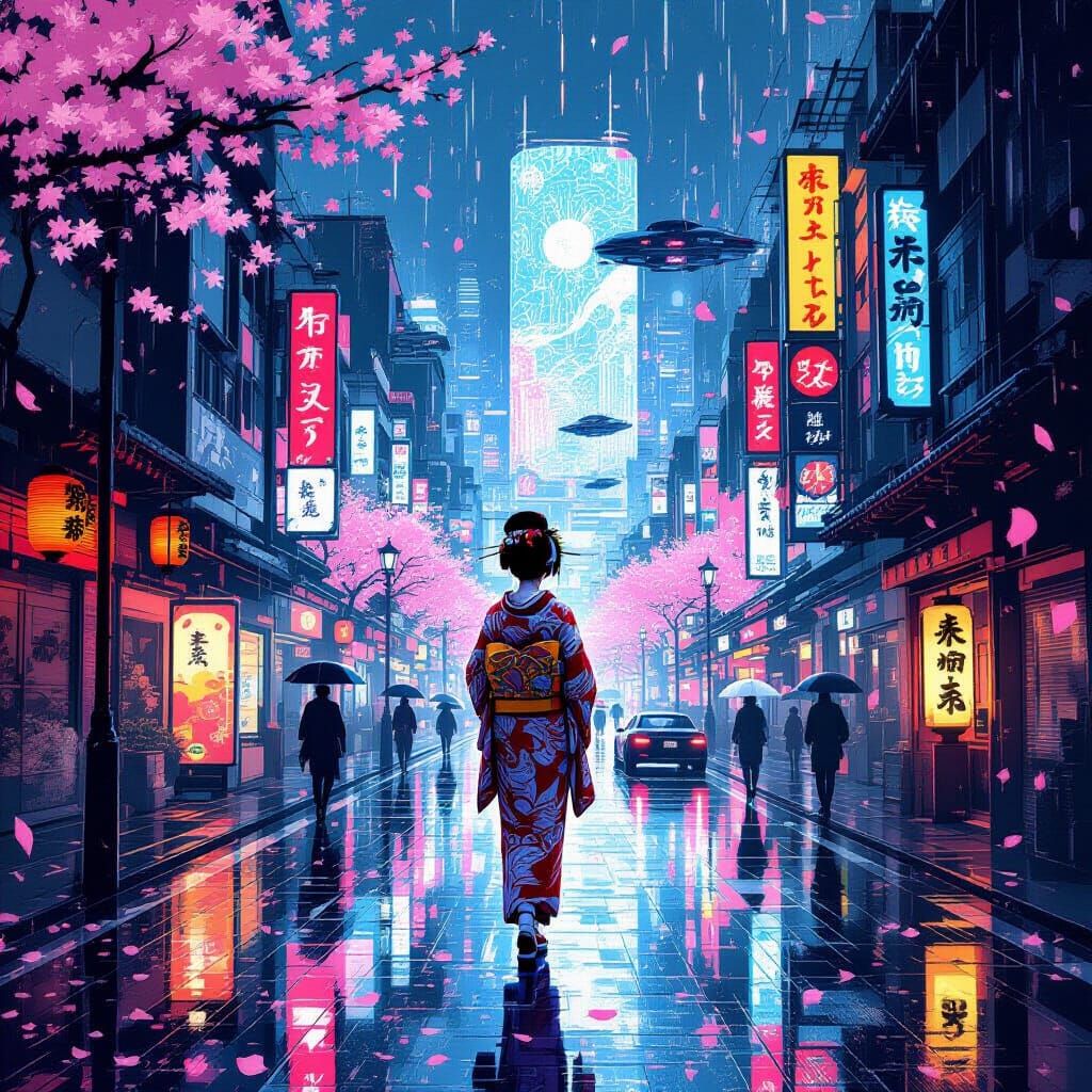 Geisha in Neon City Street, Ukiyo-e Cyberpunk Style