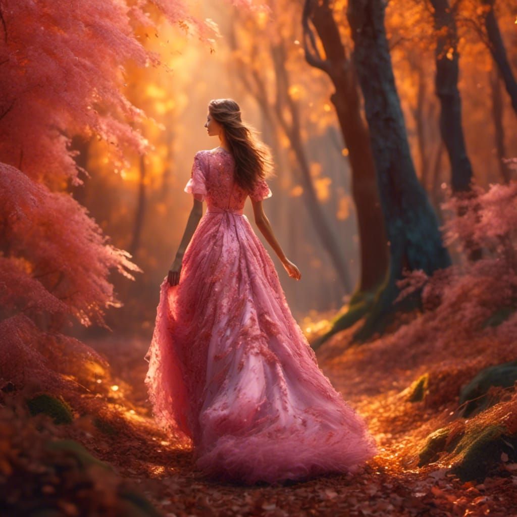 Woman in Pink Dress: Impressionistic Autumn Forest