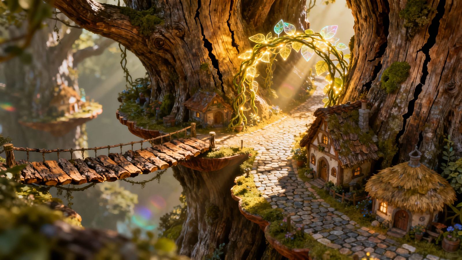 Fantasy Miniature Village in Tree Trunk, Sunlight and Vines