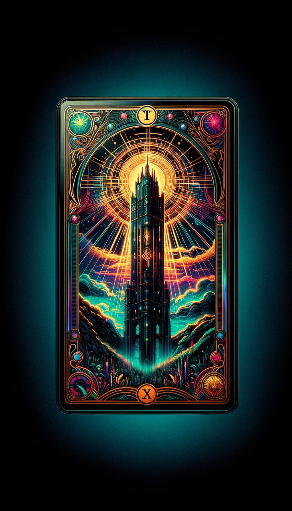 Onyx Tower Tarot Card in Cyberpunk Steampunk Style