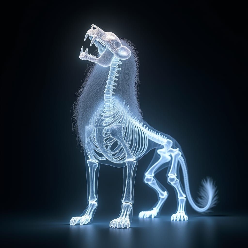 Radiant Skeleton Lion Roars in the Dark