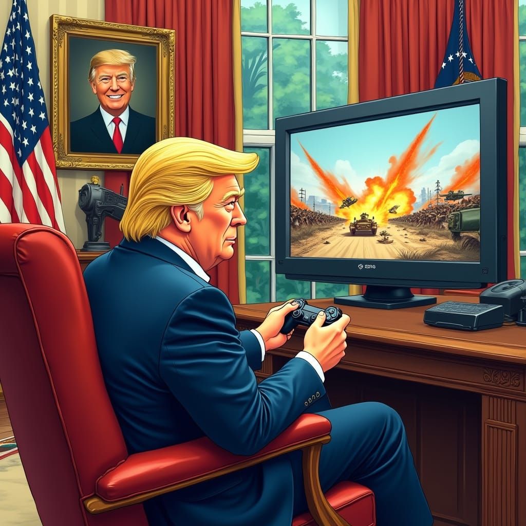 Confident Leader in Satirical Oval Office Scene