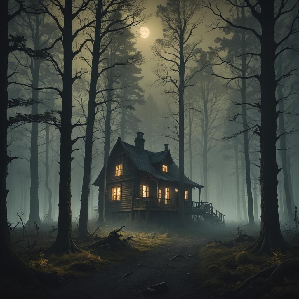 Eerie Forest with Glowing Cabin in Unreal Engine