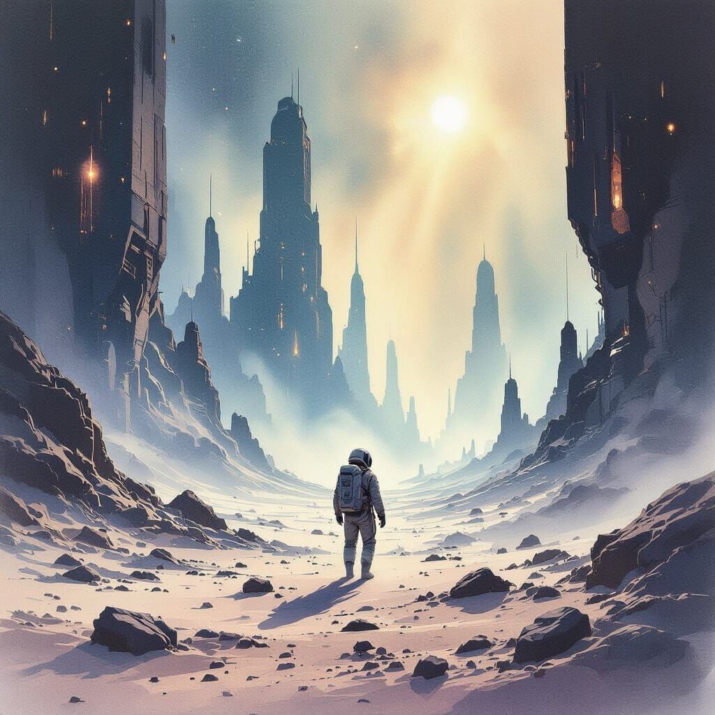 Astronaut Explores Alien City Ruins in Nebula