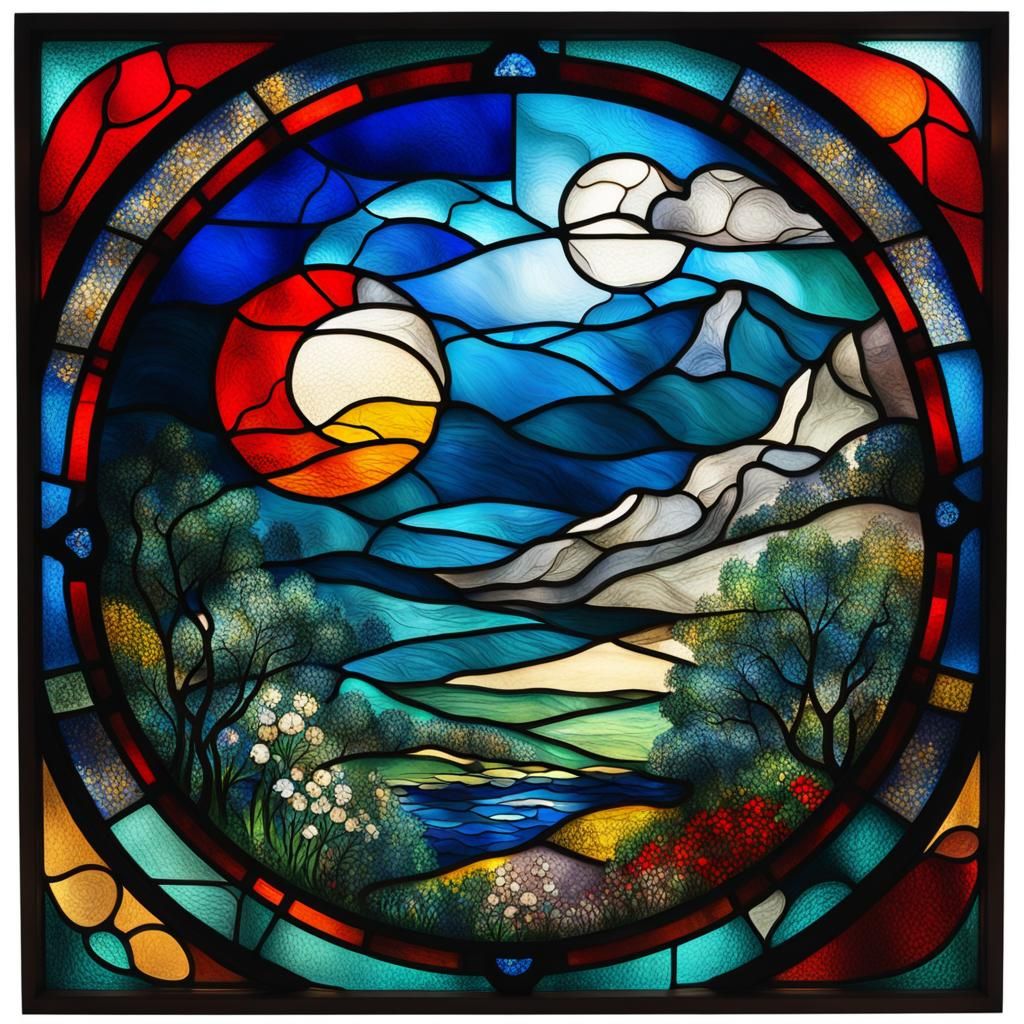 Chagall-esque Stained Glass Abstract Landscape