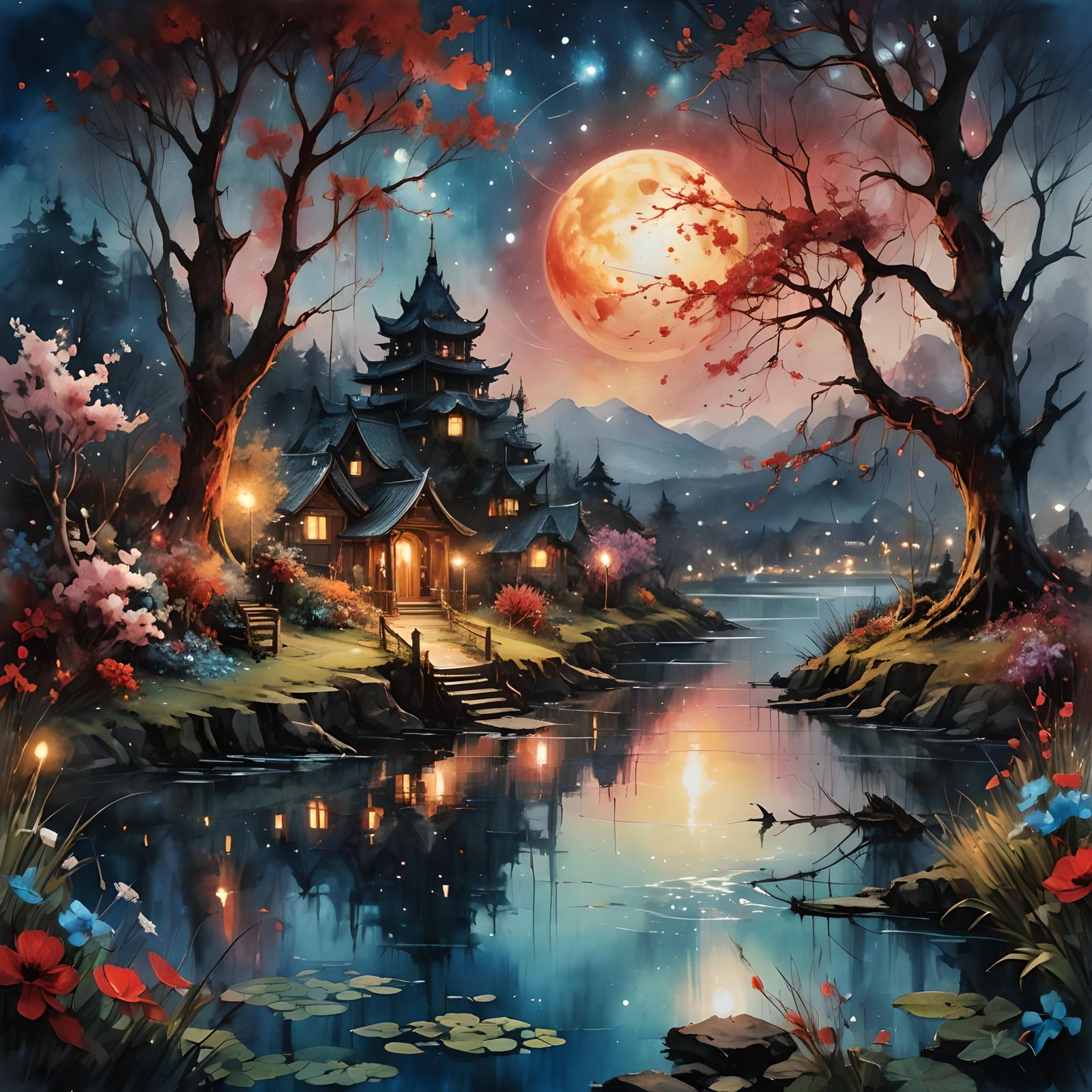 Epic Gateway Under Blood Moon in Impasto Style