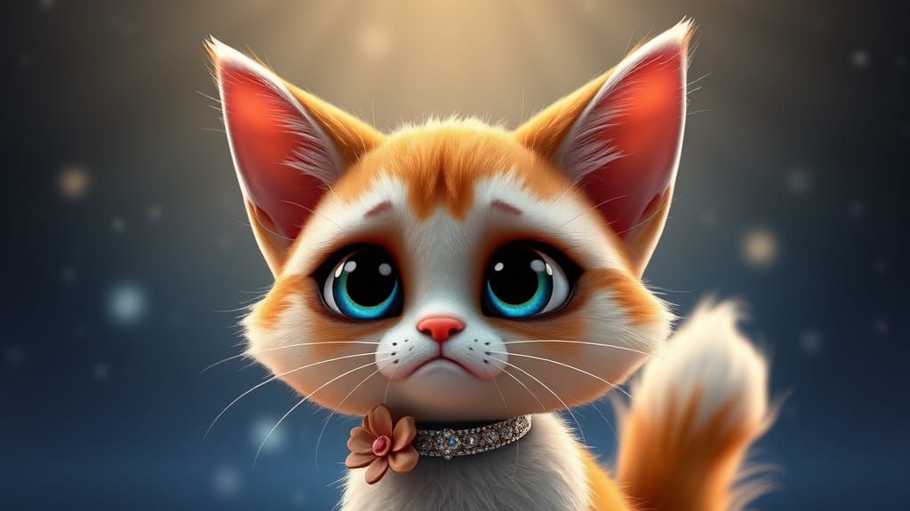 Sad Cat with Blue Eyes in Pixar-Inspired 3D Art