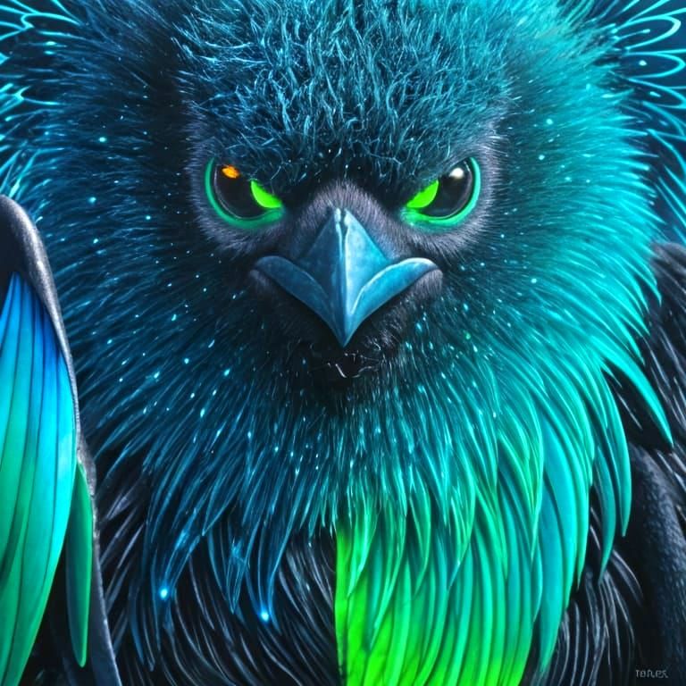 Bioluminescent Stained-Glass Penguin in Abstract Expressioni...