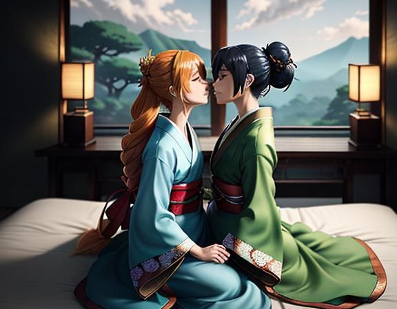 Kitsune Twins Kissing in Anime Style