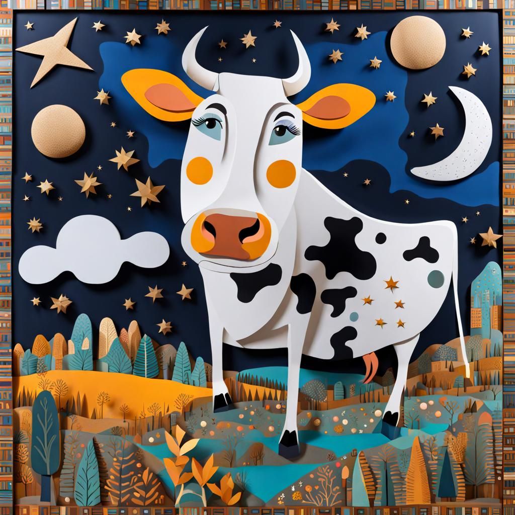 Whimsical Cow Jumps Over the Moon in Naive Art Style