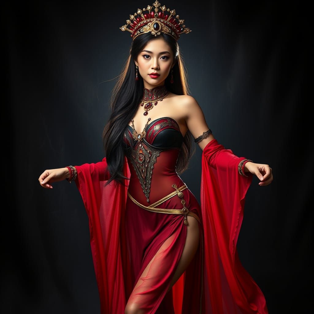 Stunning Singaporean Woman in Regal Ruby Attire