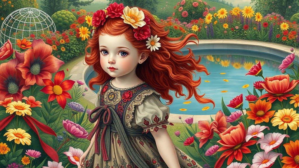 Beautiful Child in a Garden, Art Nouveau Style