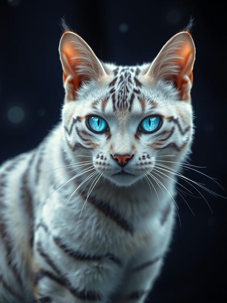 Majestic White Cat with Glowing Eyes in Dark Blue Realm