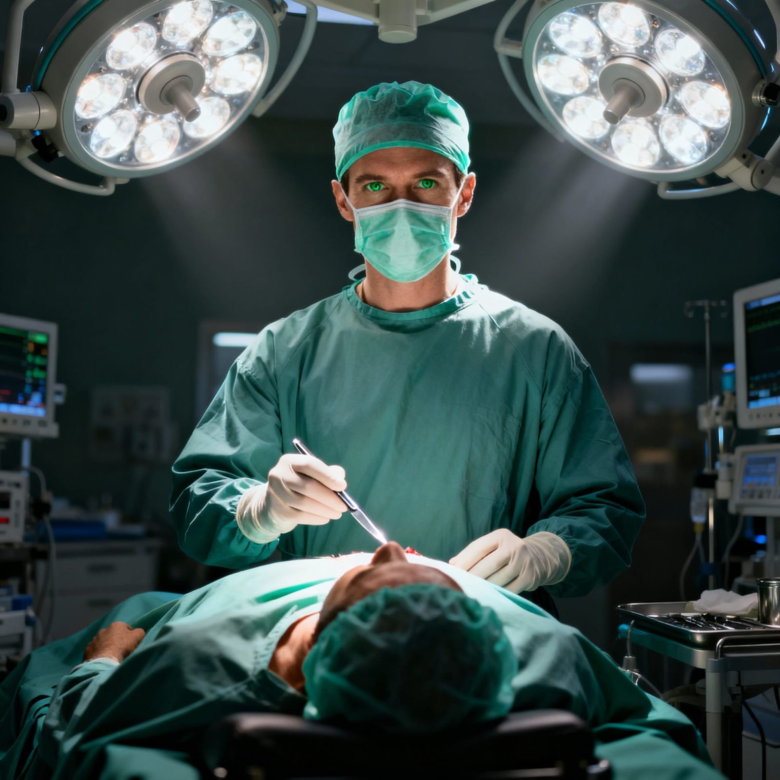 Surgeon with Scalpel Under Operating Room Lights