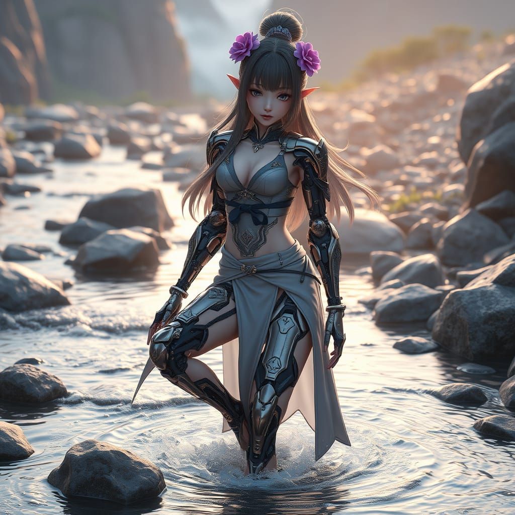 Cybernetic Monk Emerges from Stream in Anime Style