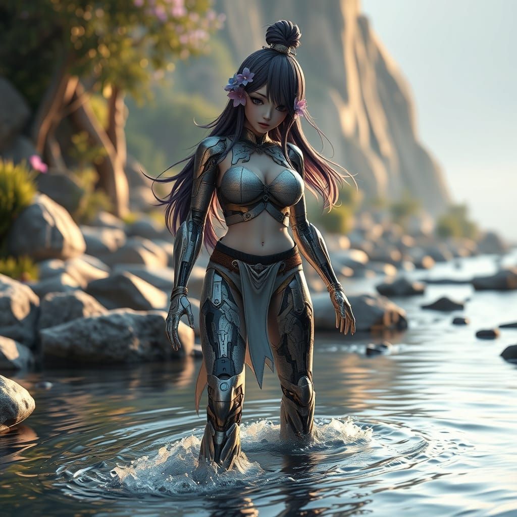 Cybernetic Monk in Mountain Stream: Anime Style