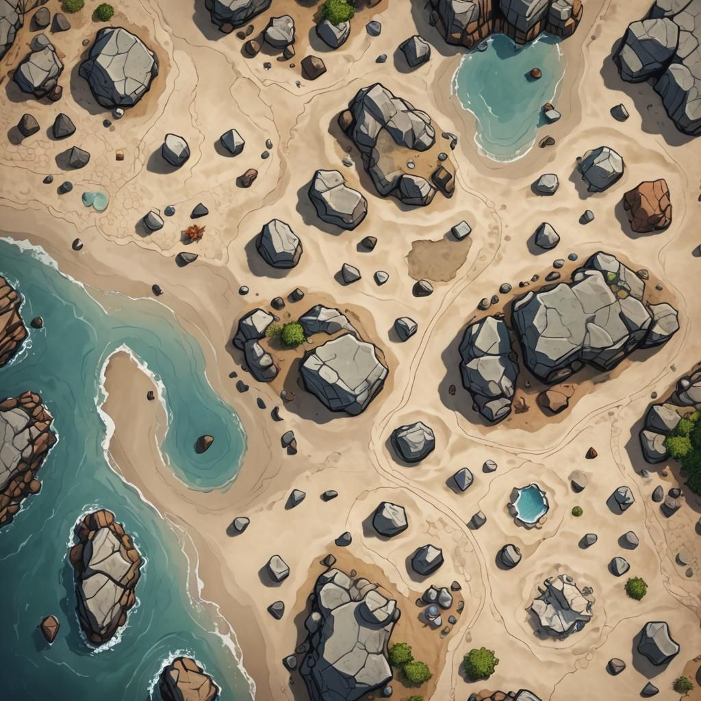 Top-Down D&D Beach Map with Rocks