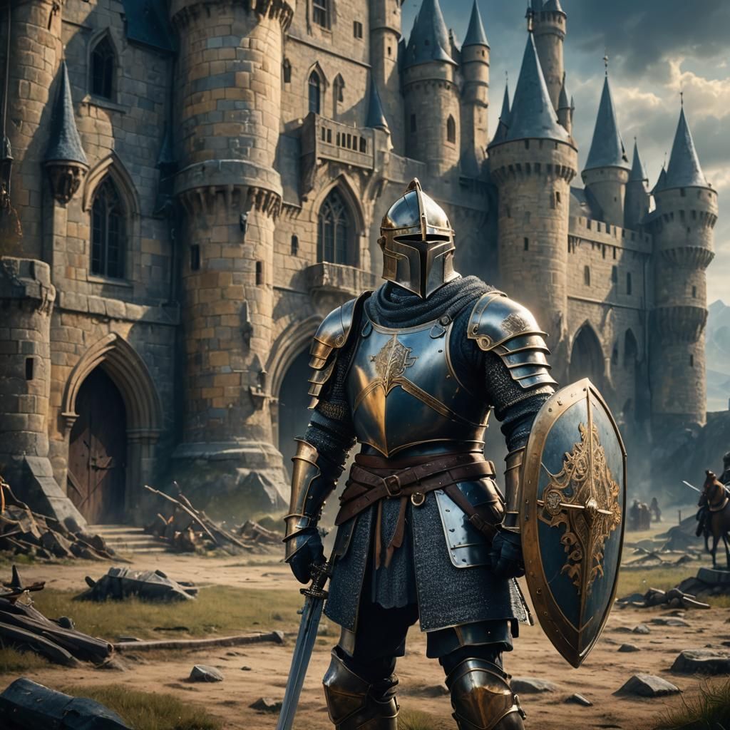Knight in Armor on Battlefield with Castle Background