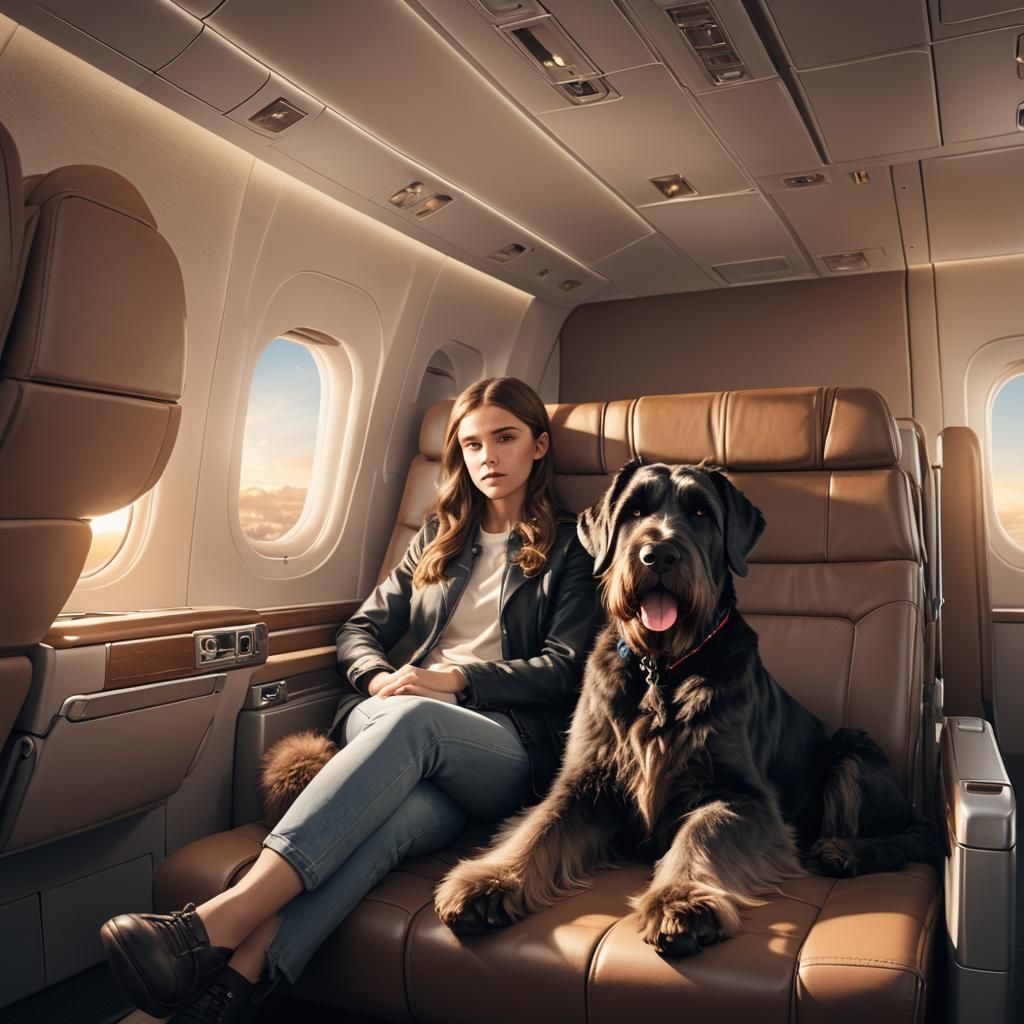 Girl with Giant Schnauzer on First Class Plane