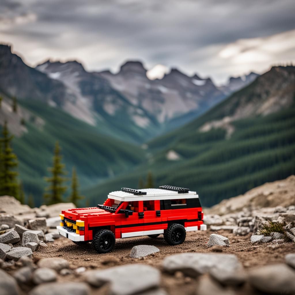 A Lego Chevy suburban in the mountains