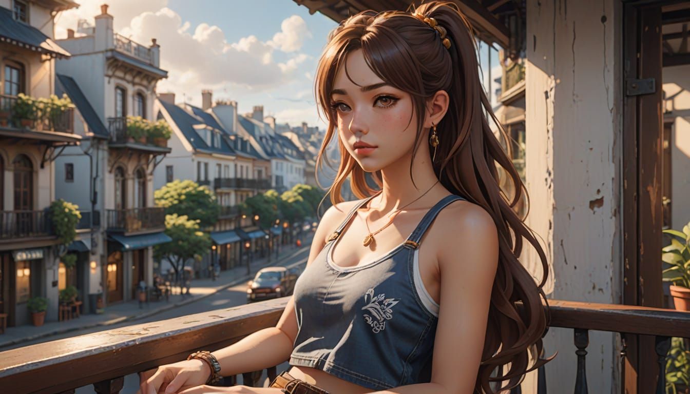 Anime Girl Sipping Coffee in French Quarter Balcony