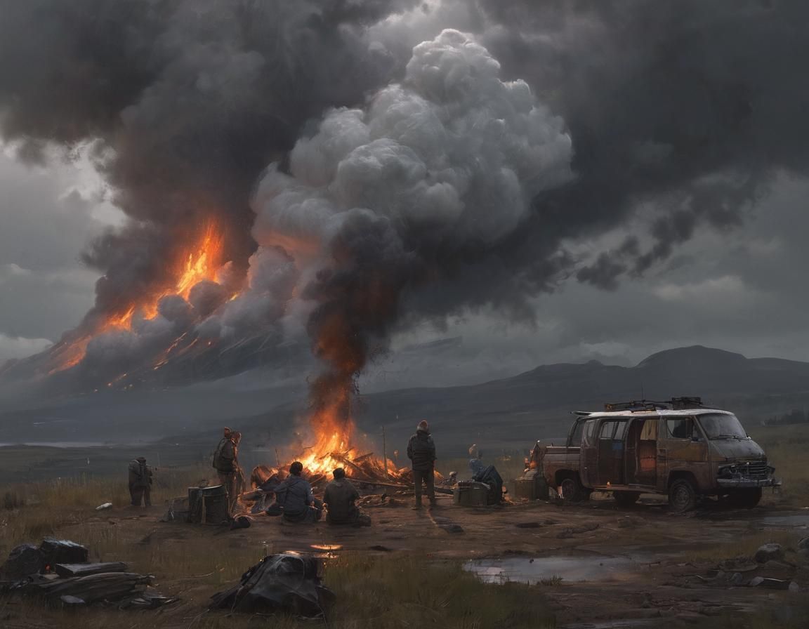 Stormy Bonfire Campsite in Expressive Painting Style