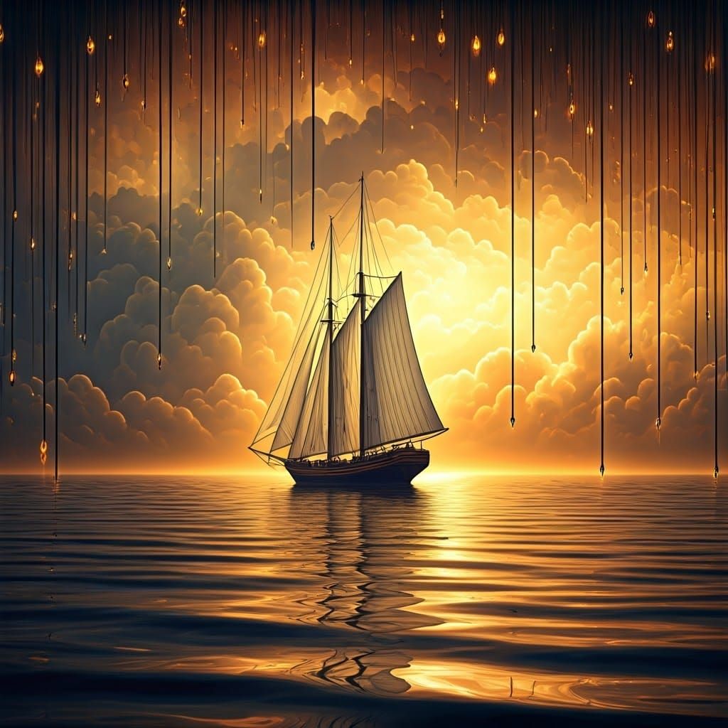 Surreal Sailboat Glides Through Golden Clouds in Whimsical A...
