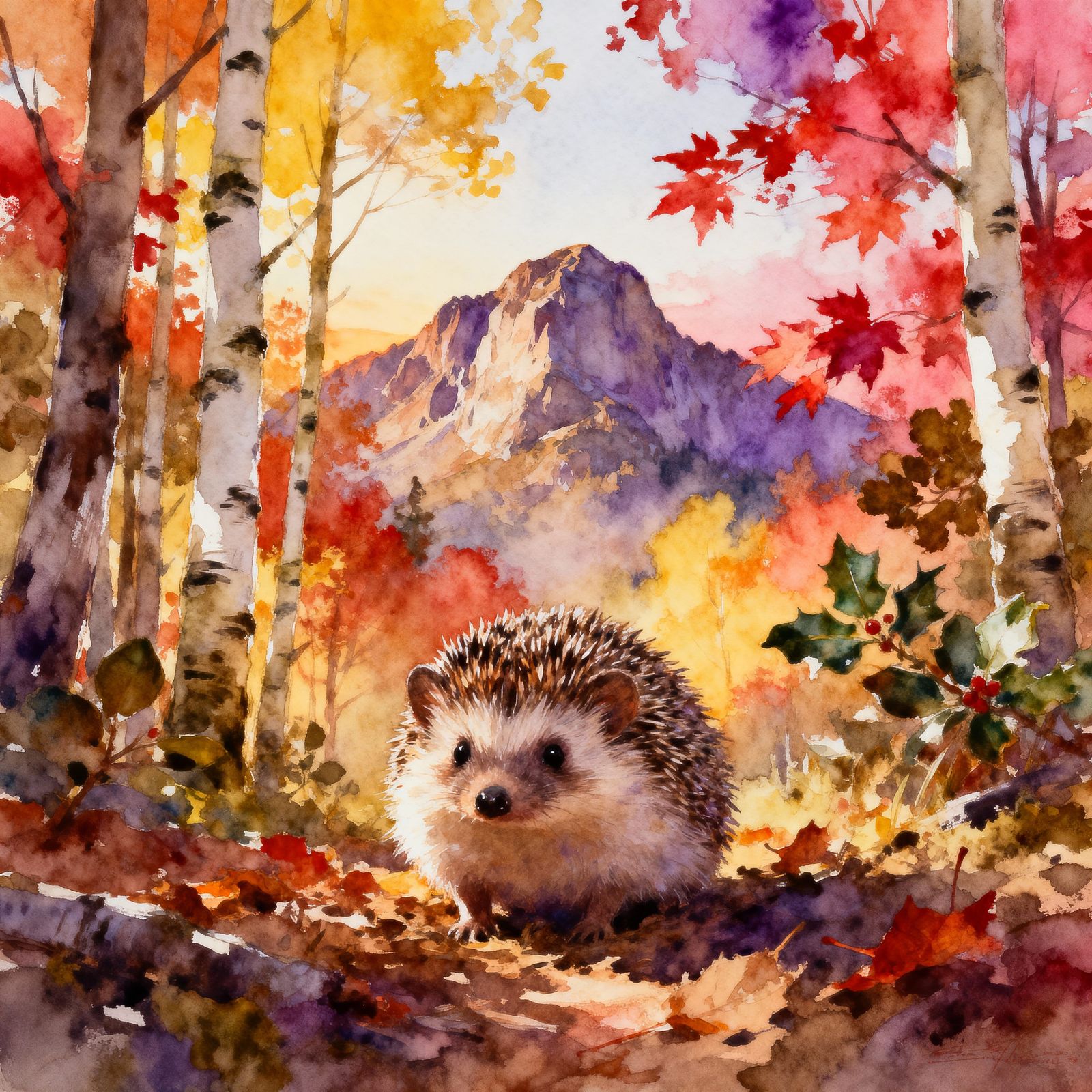 Cute Hedgehog in Vibrant Autumn Forest Watercolor