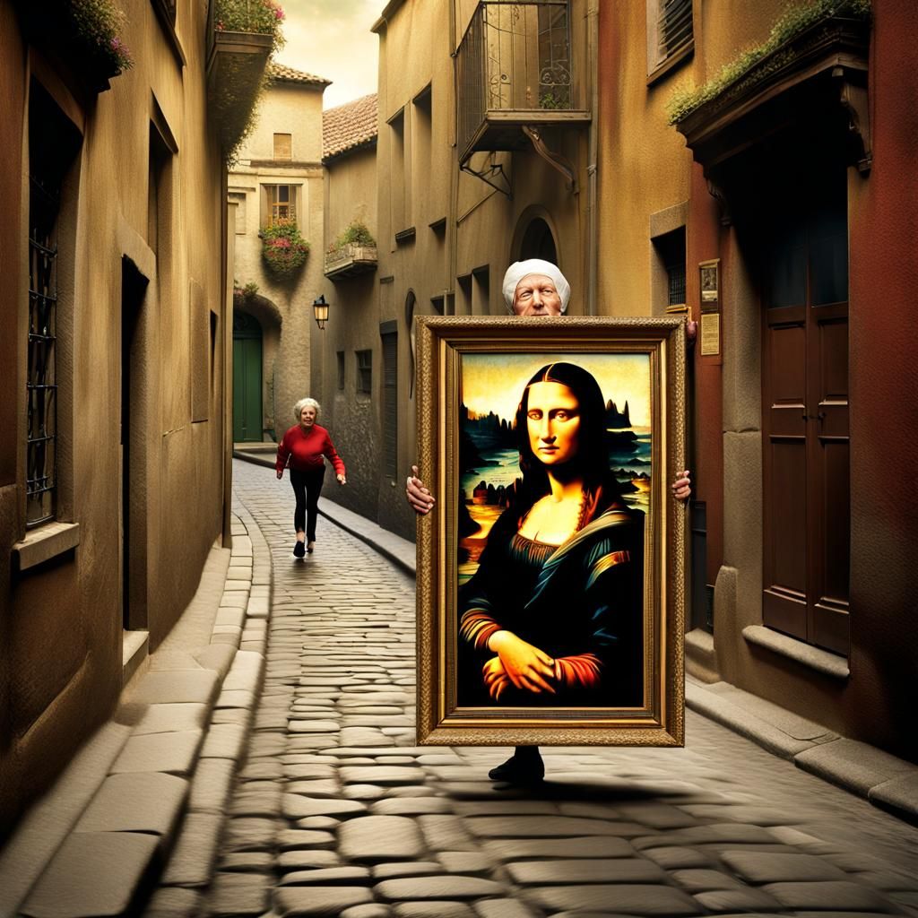 Woman Steals Mona Lisa Portrait in Photorealistic Style