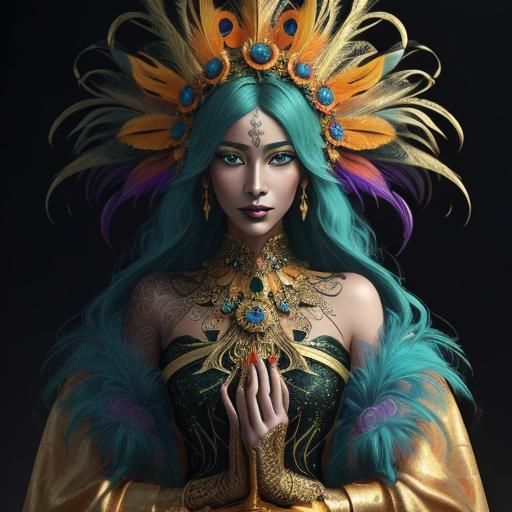 Gold Woman with Peacock Feathers, Abstract Expressionism