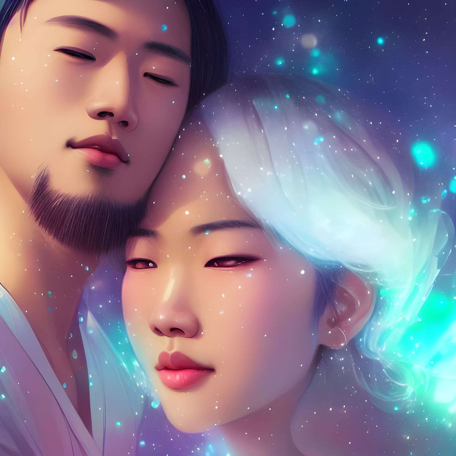 Romantic Asian Couple Surrounded by Luminous Crystals