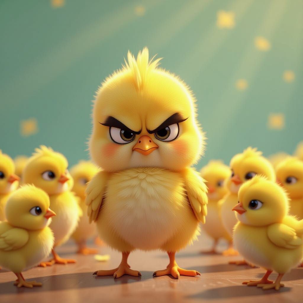 Grumpy Chick in a Crowd: 3D Digital Art