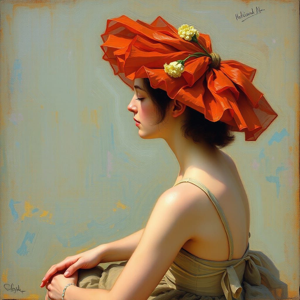 Degas-Inspired Ballerina in Elegant Red Headpiece