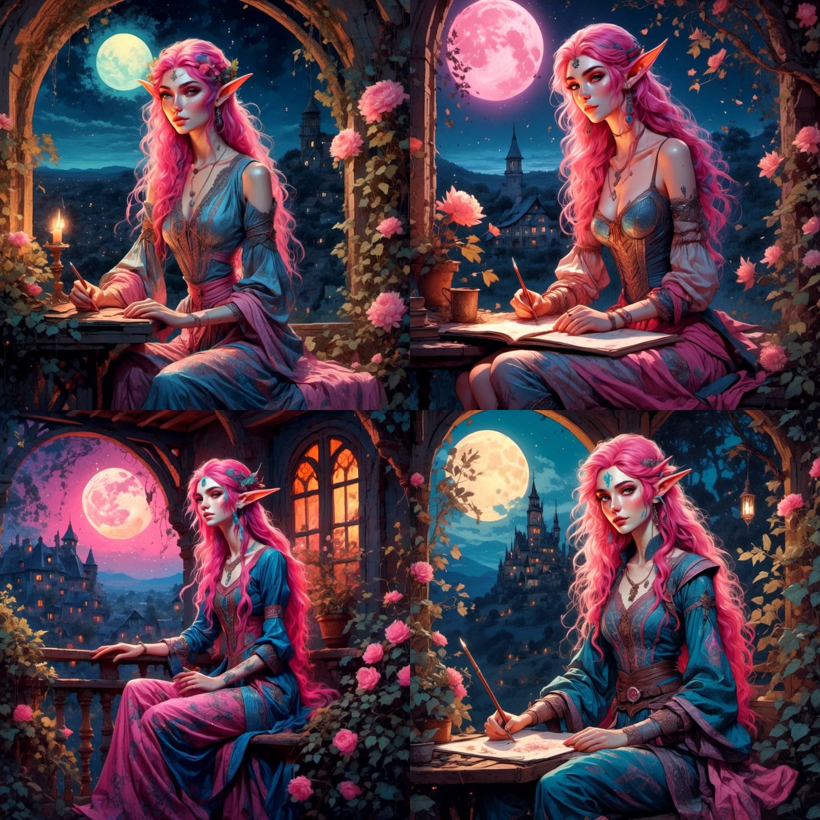 Glowing Elf Painter on Balcony, Fantasy Illustration