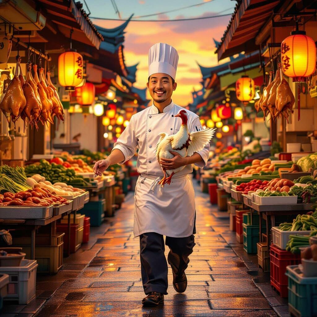 Cheerful Chef with Duck, Ghibli-Inspired Animation