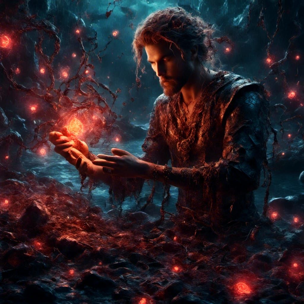 Male Mermaid Finds Ruby Necklace Among Glowing Runes