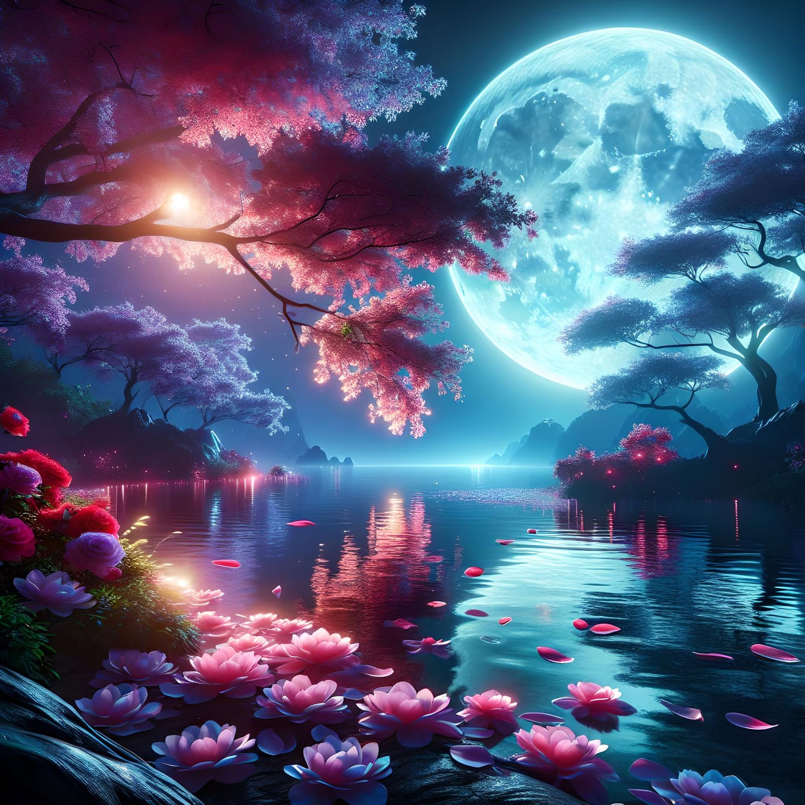 Hyperrealistic Full Moon Scene with Vibrant Flowers