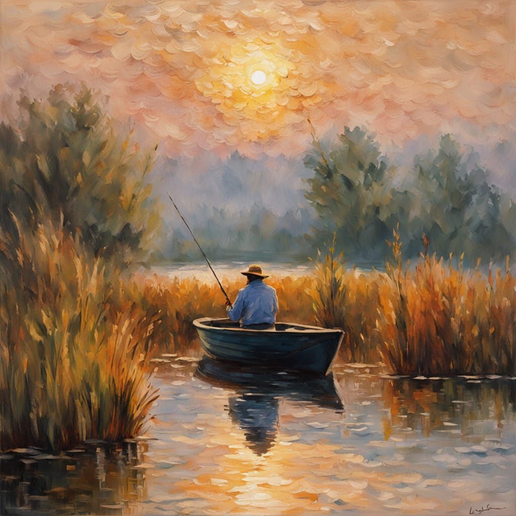 Impressionist Fisherman on Country Lake at Sunrise