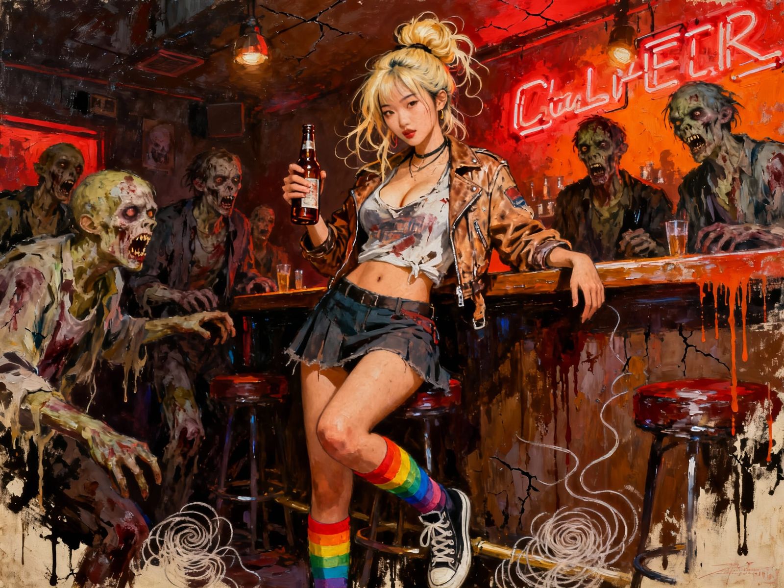 Young Woman in Zombie Bar Painting