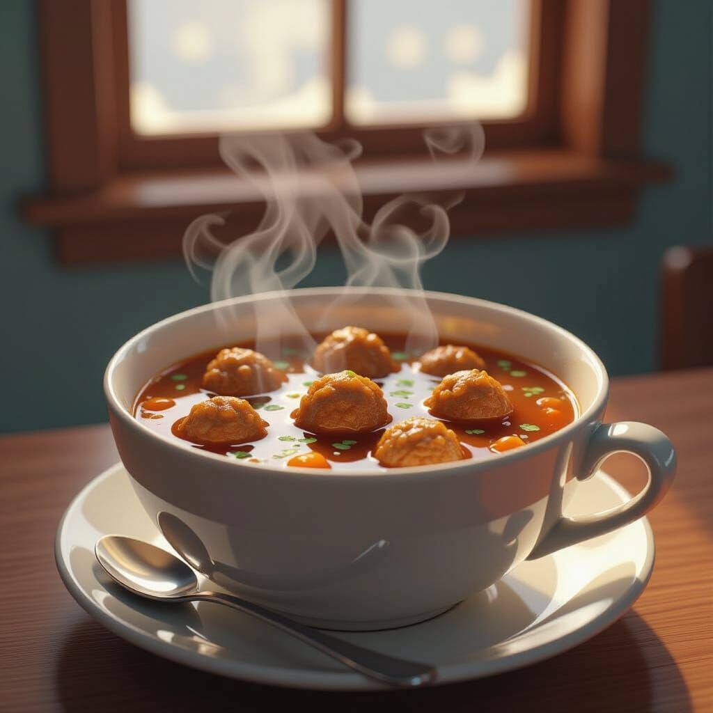 Meatball Soup with Vibrant Colors and Atmospheric Lighting