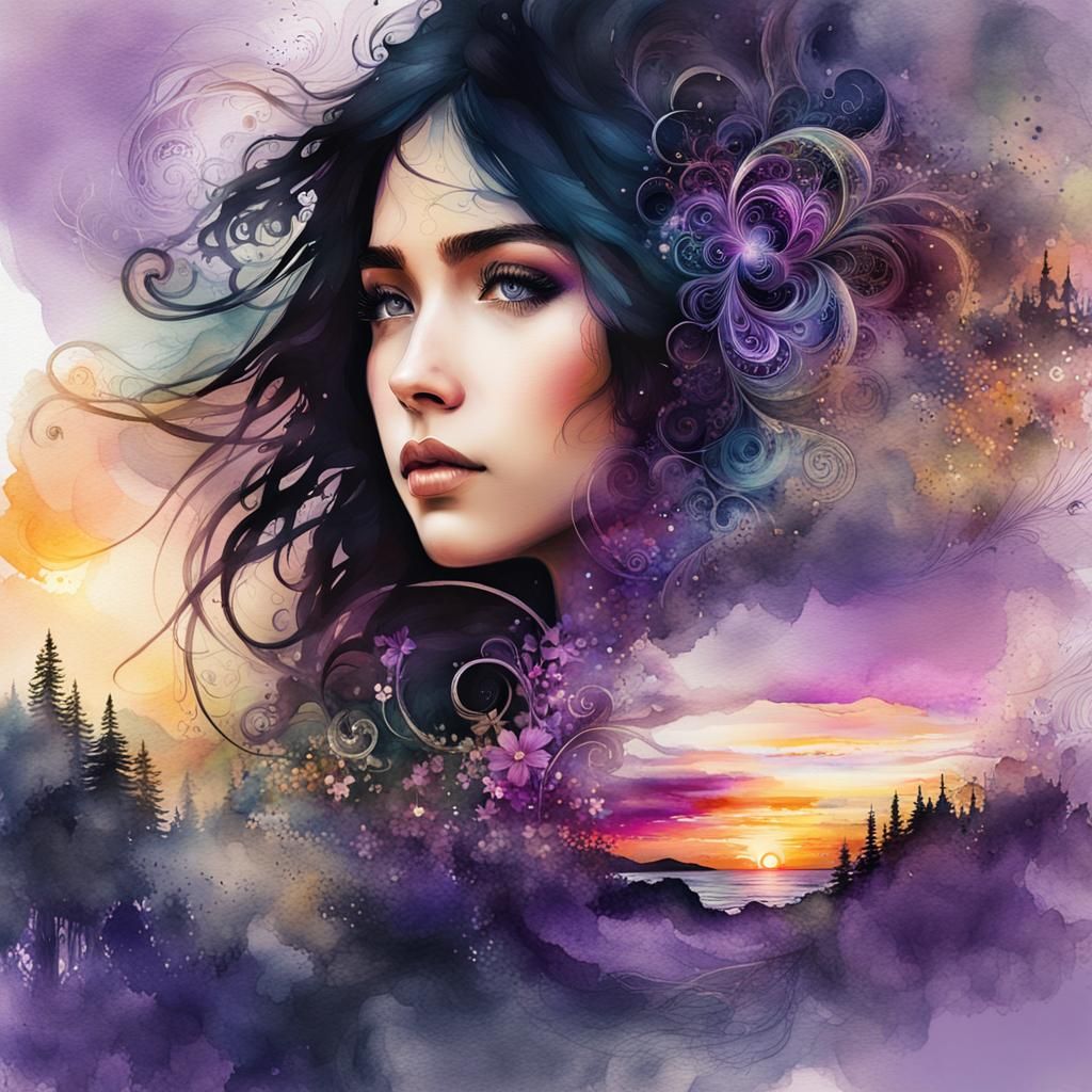 Mystical Girl in Spiralling Double Exposure Illustration