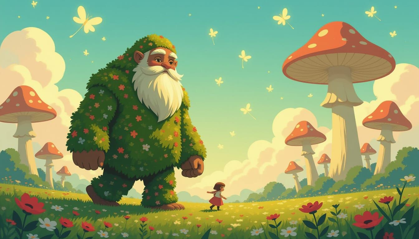 Gentle Giant Among Giant Mushrooms and Fireflies