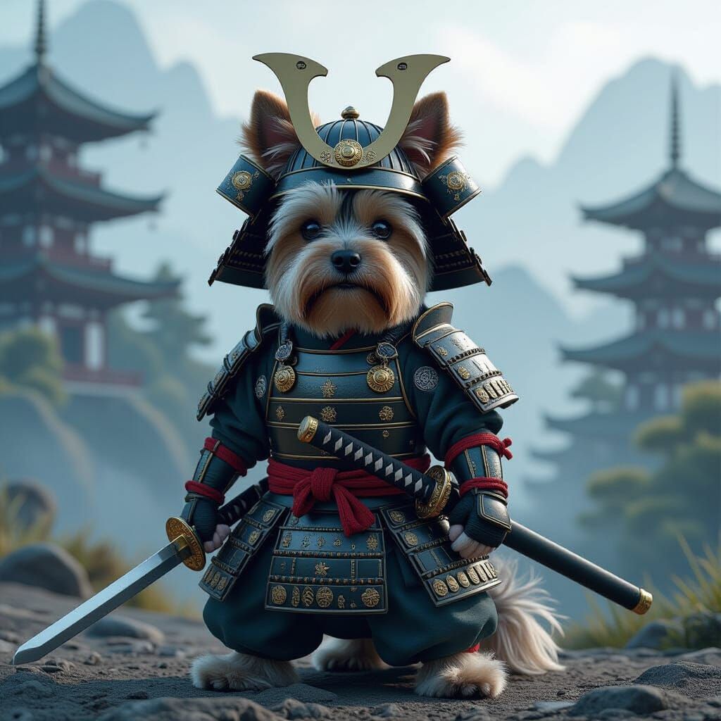 Yorkie Samurai Warrior in 3D Landscape