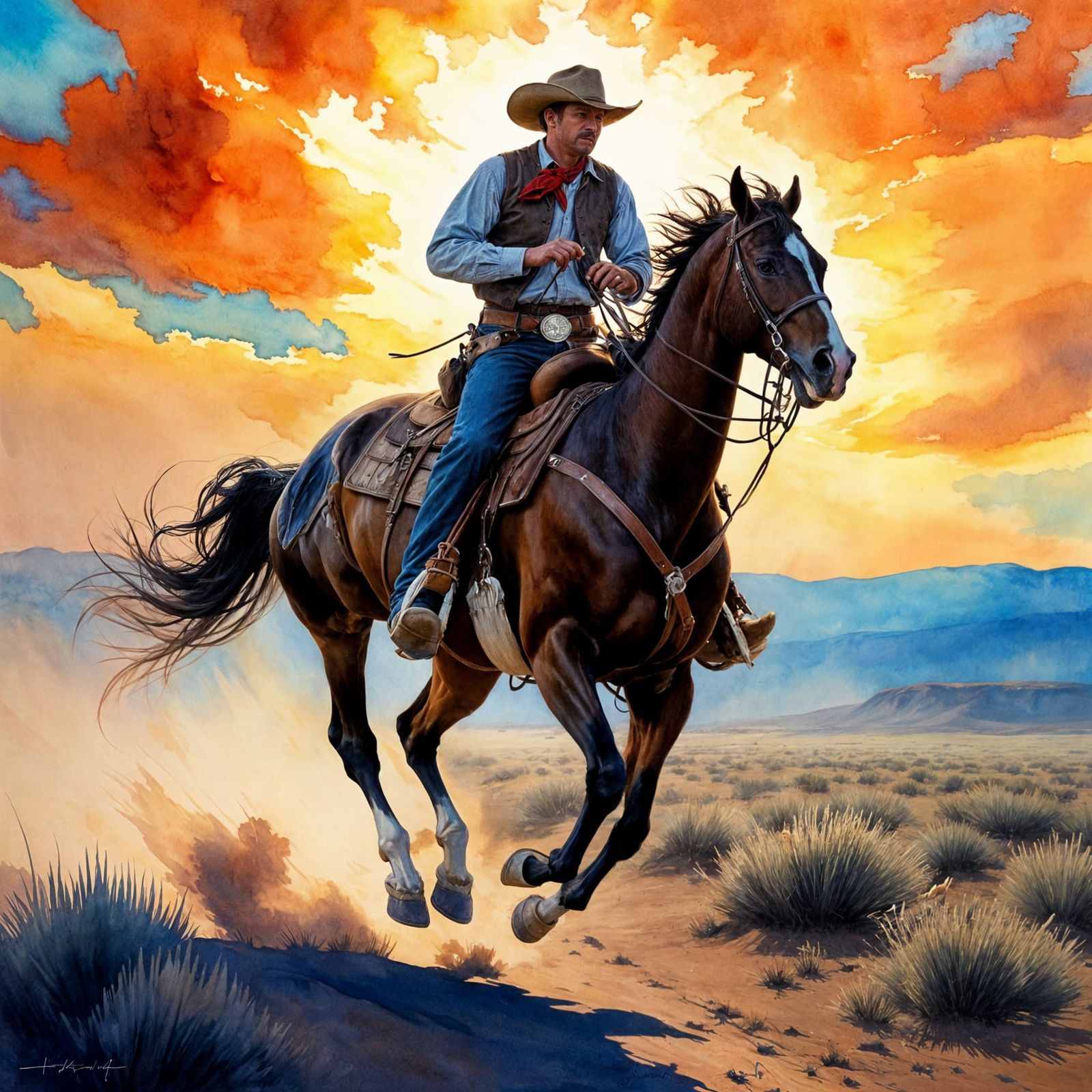 Cowboy Galloping on Horseback in Watercolor Style