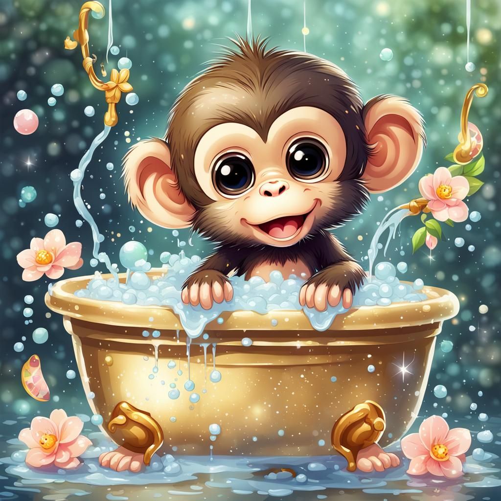 Adorable Chibi Baby Monkey Bathing