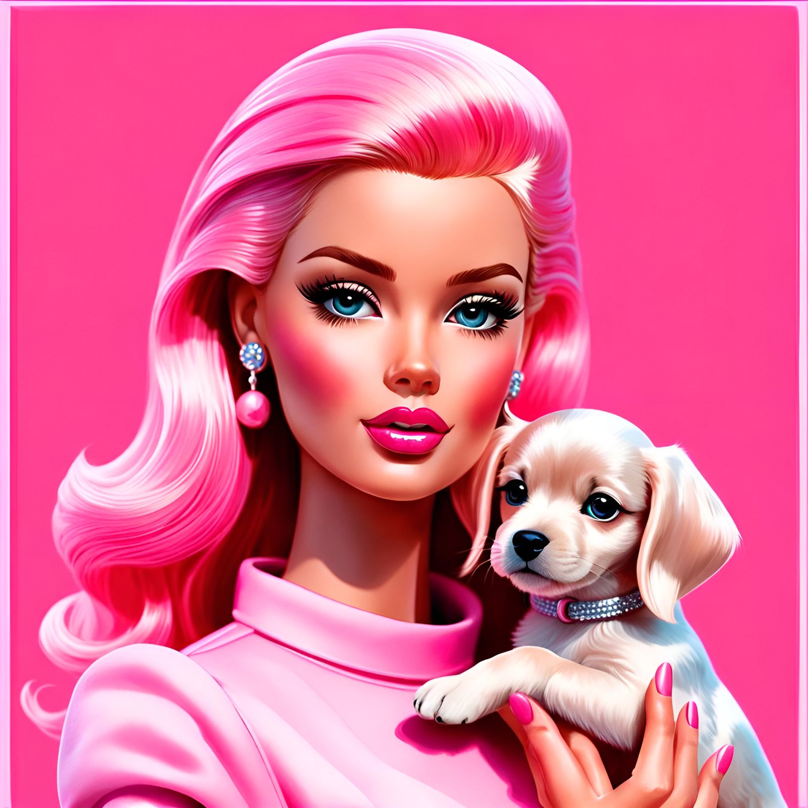 Hyperrealistic Pink Barbie Doll Portrait with Puppy