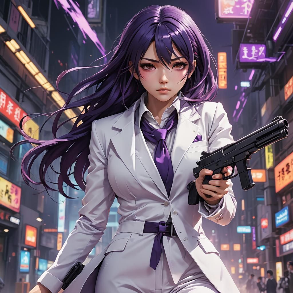 Anime Girl with Gun in White Suit, 3D Art