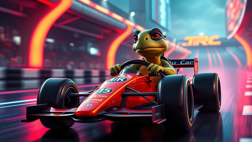 Cartoon Turtle Races F1 Car on Neon Track
