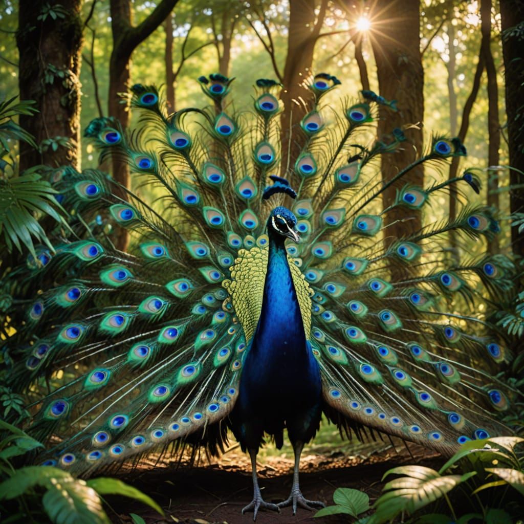 Vibrant Peacock Standing on a Lush Forest Floor