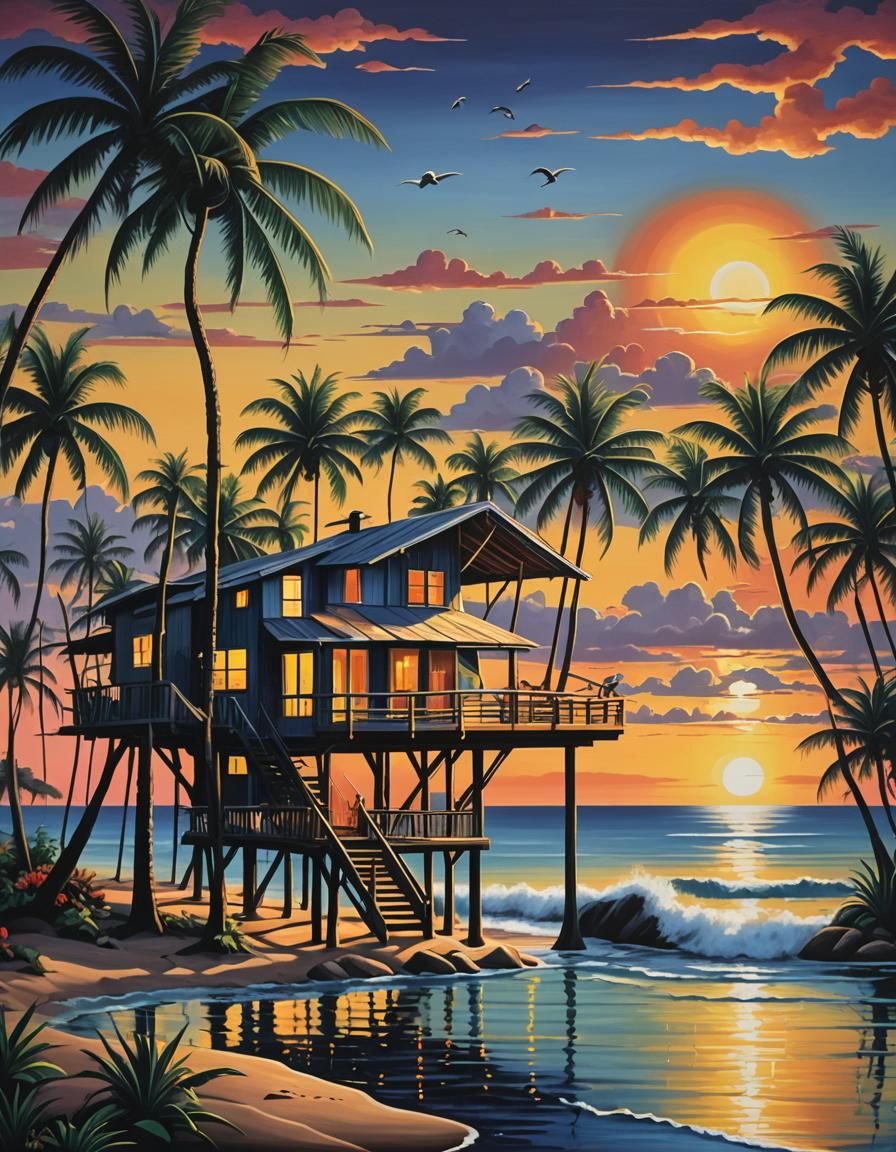 Tropical Sunset in Naive Art Style
